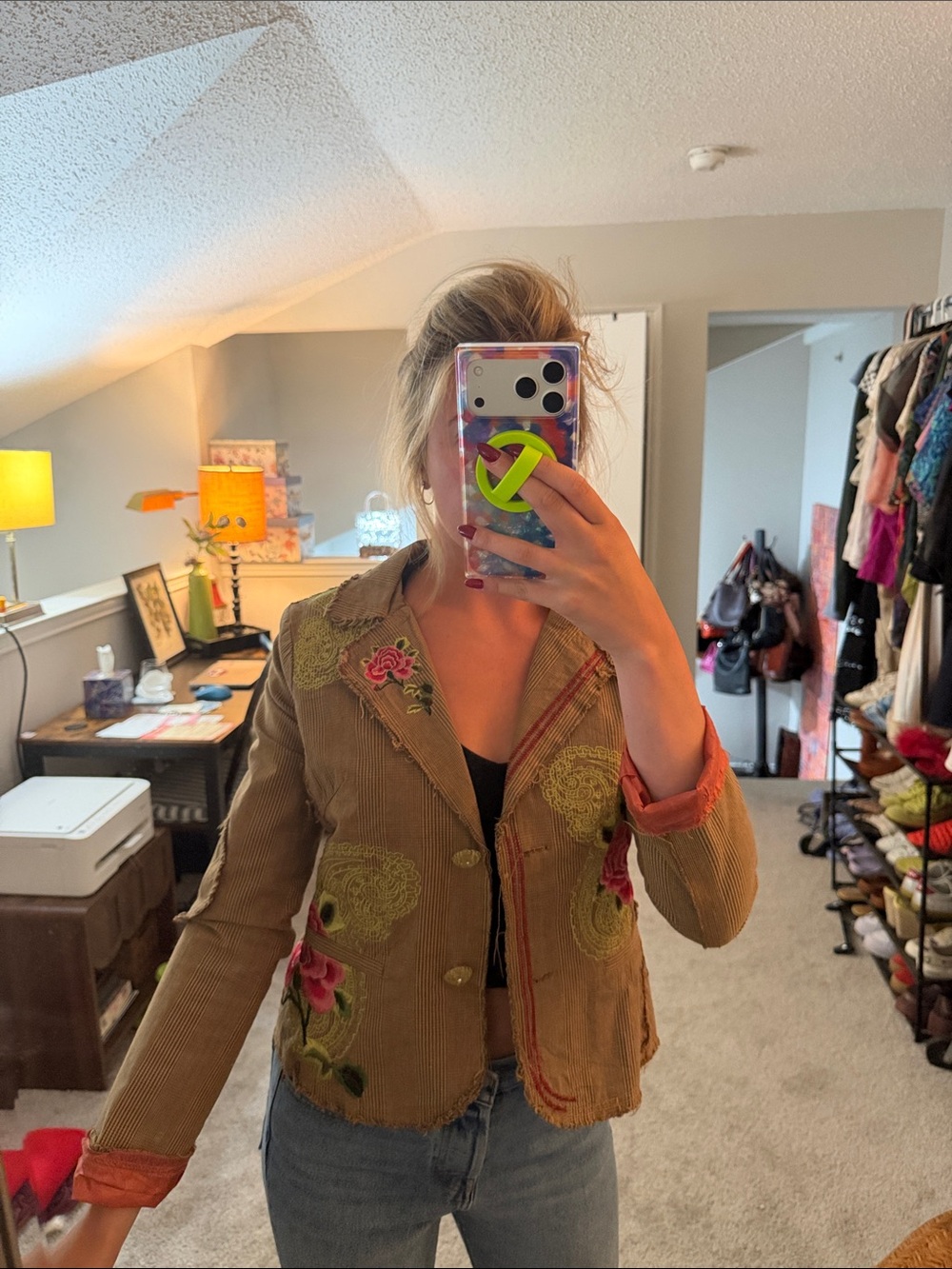 Embroidered Corduroy Blazer Jacket - Olive Green